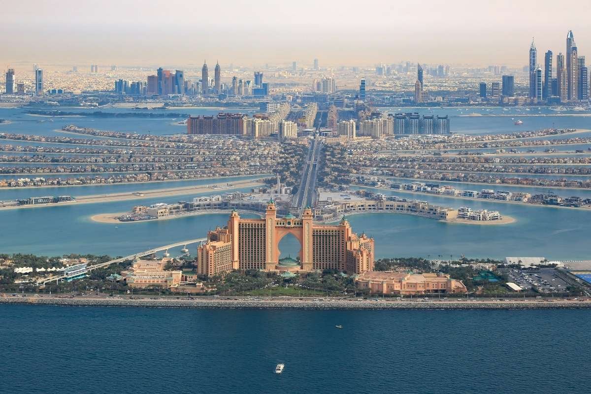 A high-angle view of the Dubai Marina skyline and JBR.